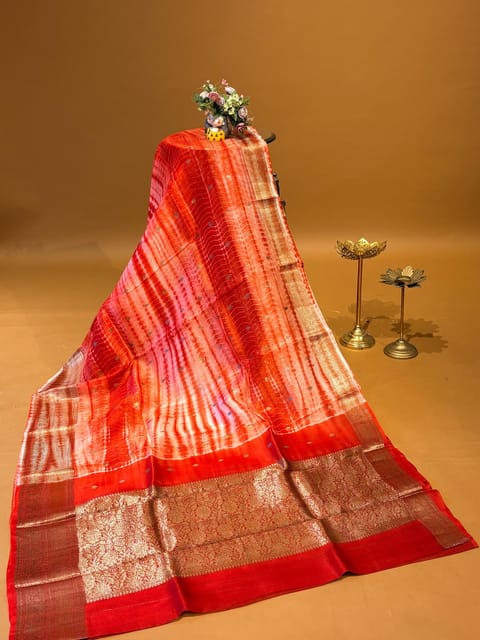Orangish Red Shibori Dyed Kora Banarasi Saree