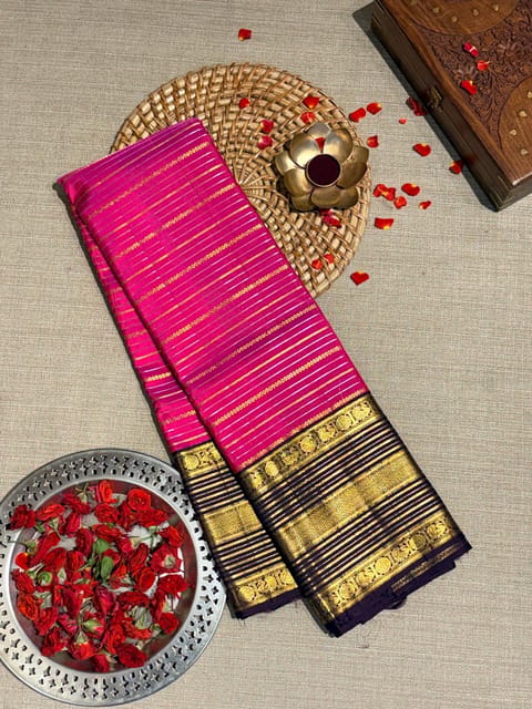 Rani & Dark Wine Vintage Stripes Kanjeevaram Saree