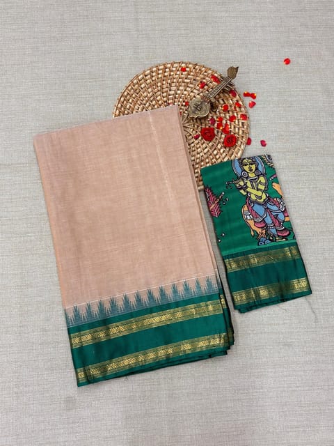 Chickoo Ponduru Khadi Saree with Emerald Green Kanchi Style Silk Gap Borders