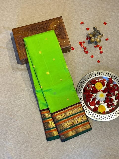 Parrot Green Vintage Korvai Kanjeevaram Saree with Multi Colour Borders