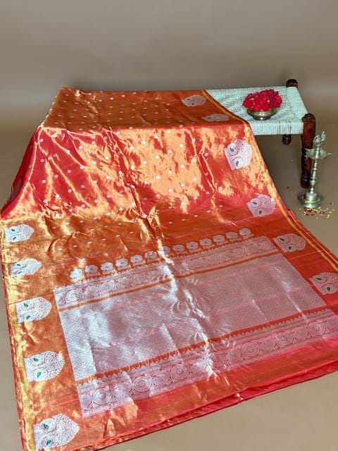 Orange & Pink Dual Tone Gadwal Allover Tissue Saree with Open Border