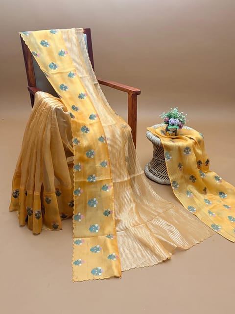 Mustard Orange Banarasi Kora Tissue Stripes Saree with Embroidery