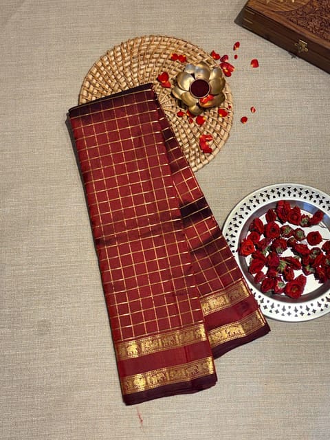 Maroon Vintage Checks Kanjeevaram Saree with Gap Borders