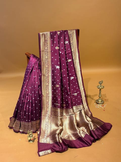 Burgundy Banarasi Silk Saree with Kaduwa Weaving and Hand Done Bandhini