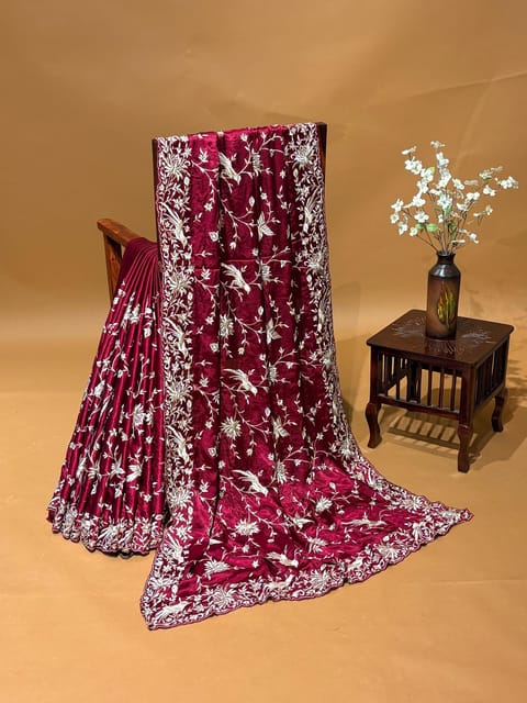 Maroon Chinnon Satin Saree with Allover Parsi Gara Embroidery