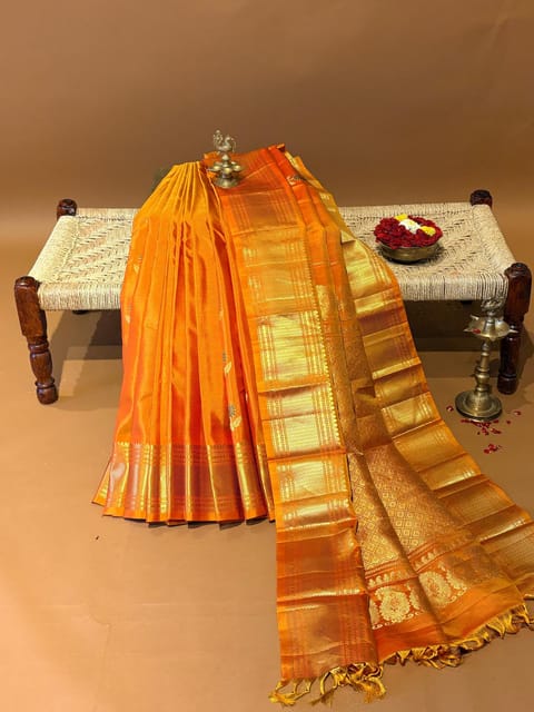 Mustardish Orange Vaira Oosi Stripes Vintage Gadwal Saree with Meenakari Weaving