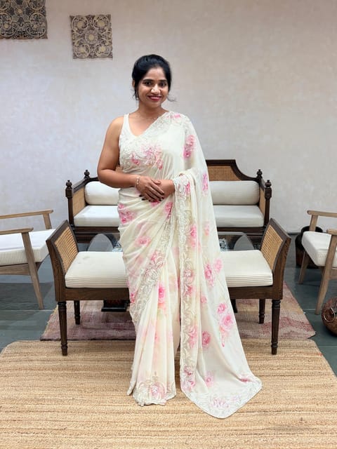 Ivory Pure Satin Chinnon Printed Saree with Handwork Border