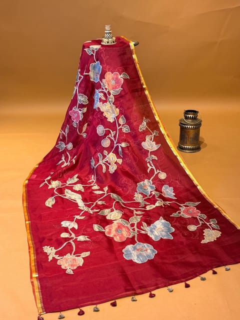 Maroon Designer Pure Saree with and Allover Tissue Applique Work