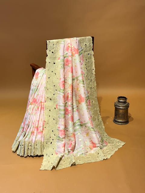 Pastel Pink Banarasi Munga Tussar Georgette Saree with Tissue Cutwork Rose Border