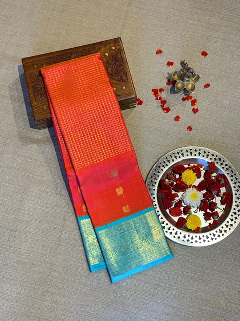 Pink and Orange Dual Tone with Teal Combo Vintage Checks Kanjeevaram Saree with Double Borders