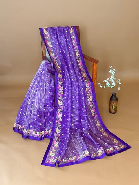 Purple Banarasi Kora Tissue Stripes Saree with Paithani Inspired Embroidery