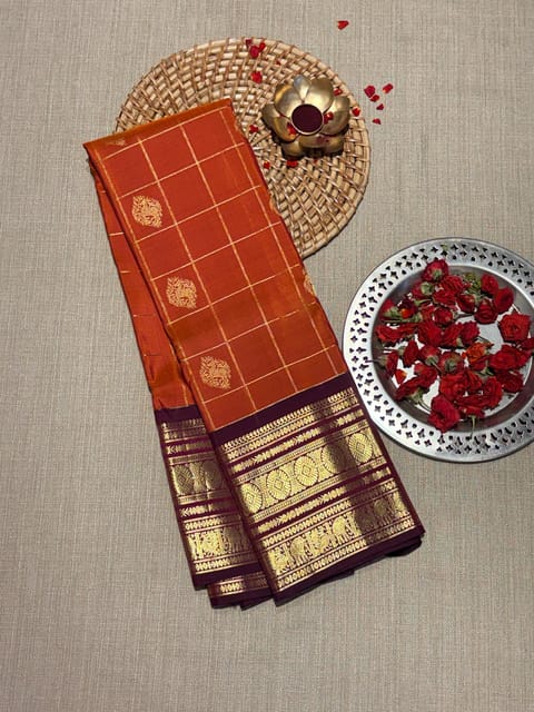 Rust Orange & Purple Dual Tone Vintage Korvai Kanjeevaram Saree with Wine Brown Borders