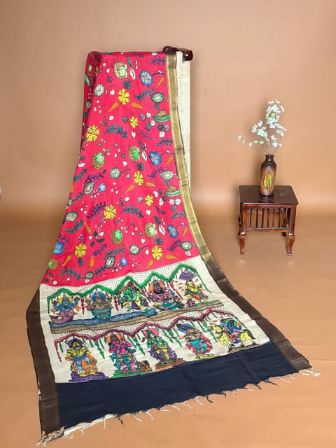 Red Pen Kalamkari Handloom Silk Cotton Saree