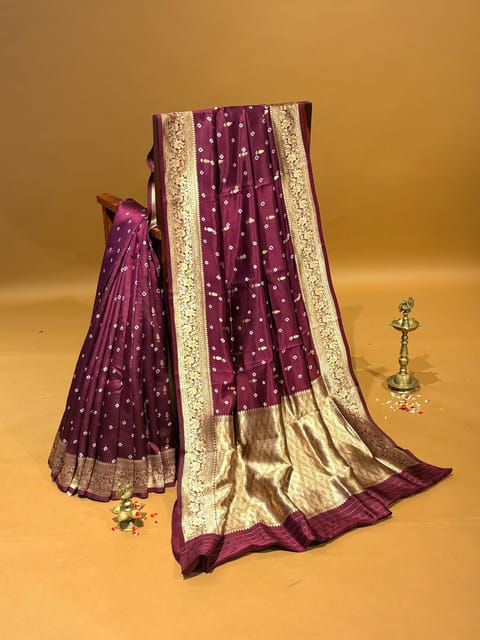Burgundy Banarasi Silk Saree with Kaduwa Weaving and Hand Done Bandhini