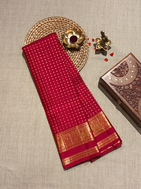 Ruby Red Monotone Look Vintage Checks Kanjeevaram Saree