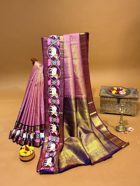 Onion Pink &lilac Dual Tone Vintage Kanjeevaram Saree with Tanjore Hand Painting