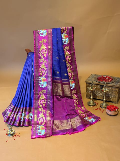 Midnight Blue & Magenta Pink Combo Vintage Kanjeevaram with Tanjore Painted Gap Border