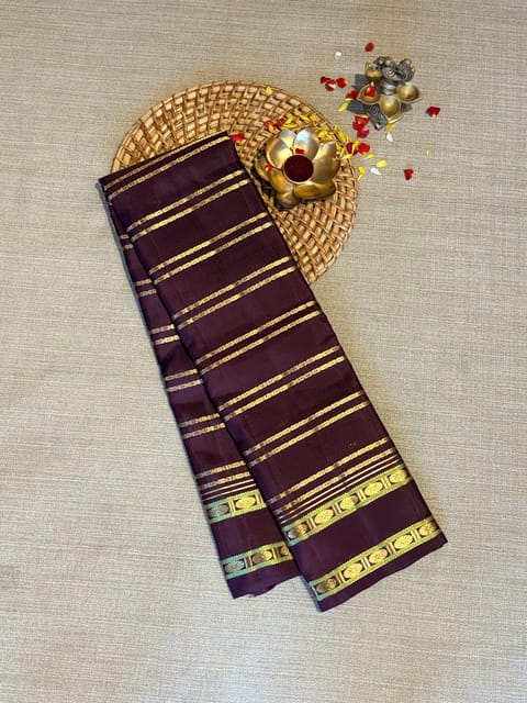 Chocolate Brown Vintage Stripes Kanjeevaram Saree with Gap Borders