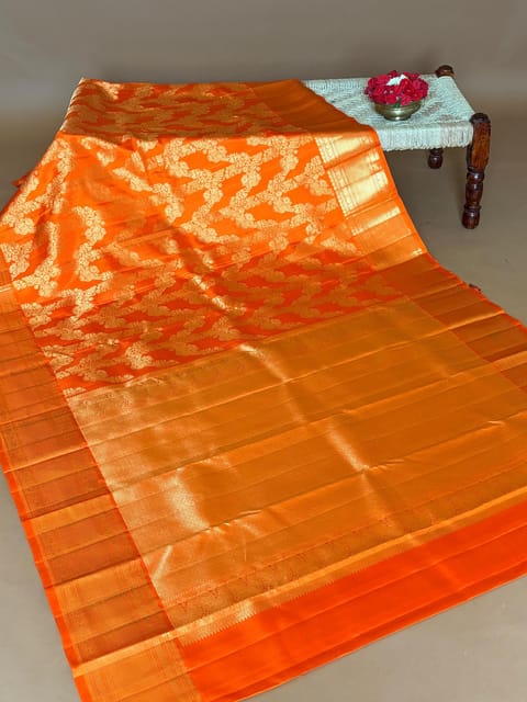 Orange Designer Kanjeevaram Saree with Allover Jaal Weaving