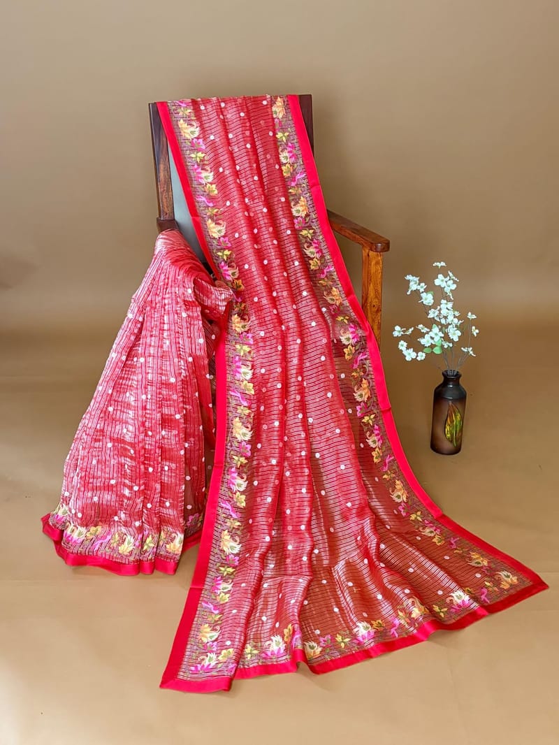 Chilli Red Banarasi Kora Tissue Stripes Saree with Paithani Inspired Embroidery