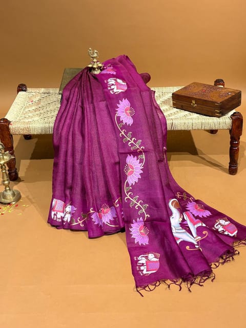 Beetroot Colour Pure Handloom Tussar Saree with Zari Checks Body and Handpainted Border and Pallu