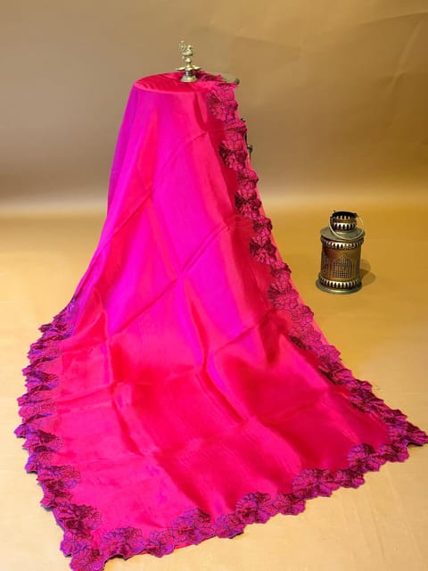 Ruby Pink Organza Saree with Floral Cutwork Embroidered Border