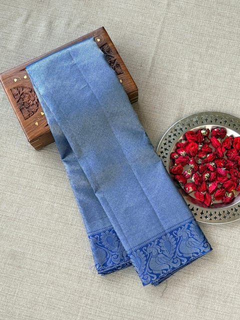 Blue Twill Kanjeevaram Saree with Silver Zari Weaving
