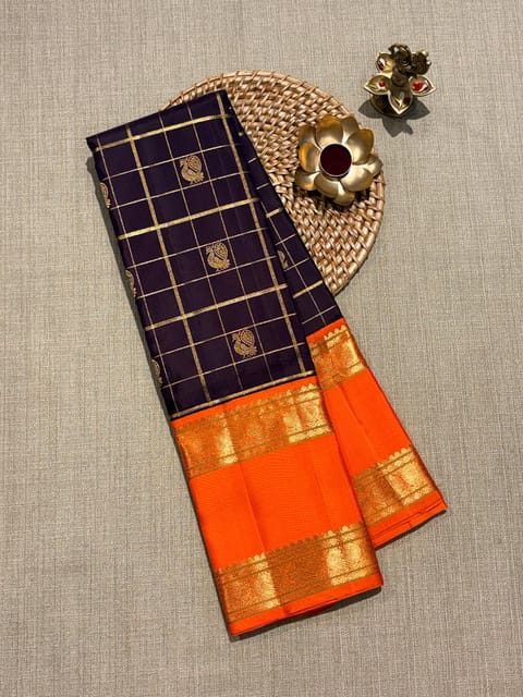 Chocolate Brown and Orange Combo Vintage Checks Kanjeevaram Saree with Gap Borders