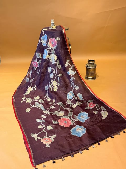 Brown Designer Pure Saree with and Allover Tissue Applique Work