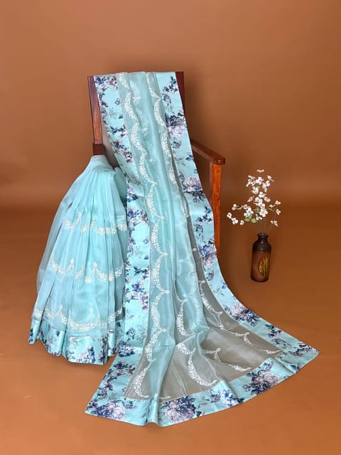 Mint Blue Organza Saree with Embroidery and Floral Printed Border