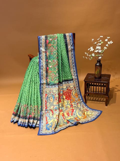 Leaf Green Pure Handloom Tussar Bandhini Saree with Embroidery and Kalamkari Printed Border
