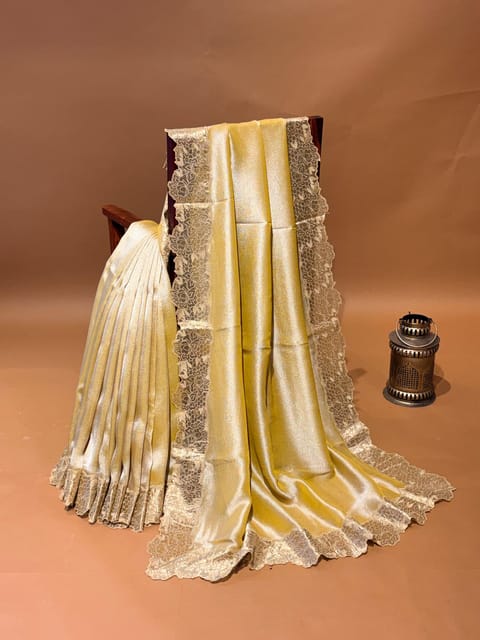 Yellow Pure Banarasi Tissue Georgette Saree with Pure Tisuue Rose Cutwork Border