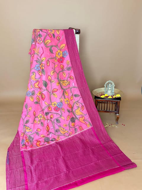 Bright Candy Pink Hand Drawn and Handpainted Kanjeevaram Kalamkari Saree