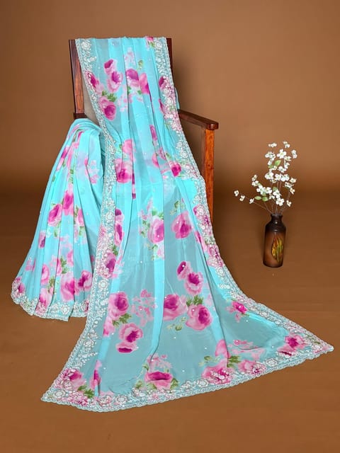 Sea Blue Pure Georgette Floral Printed Saree with Handwork Borders