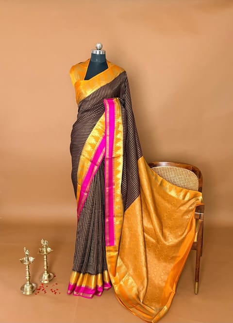 Chocolate Brown Premium Mysore Crepe Saree with Dual Colors Borders