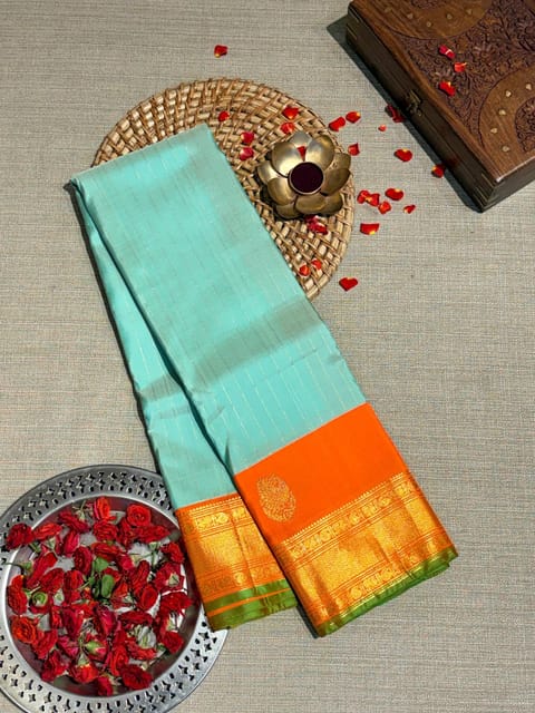 Mint & Orange Vintage Stripes Kanjeevaram Saree