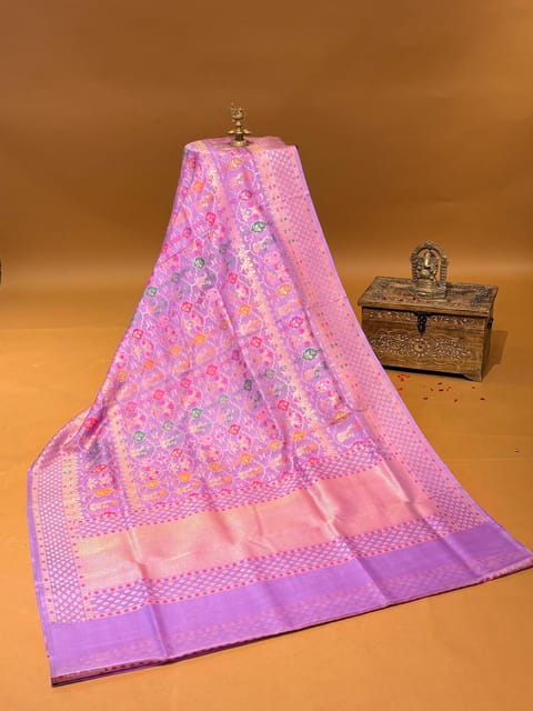 Lilac Banarasi Kora Cutwork Jamdani Saree with All-Over Meenakari Weaving