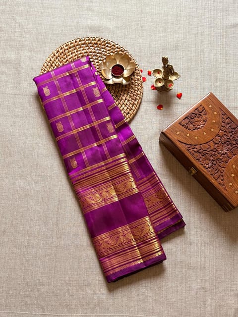 Purple Vintage Checks Kanjeevaram Saree with Gap Borders