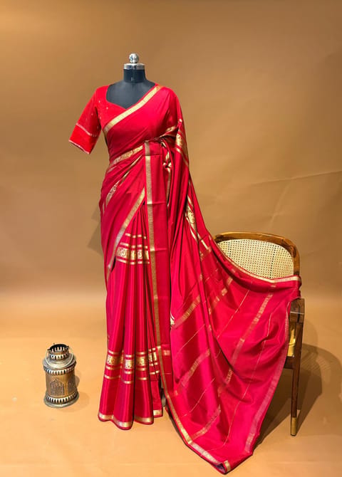 Chilli Red Mysore Crepe Saree with 100gsm