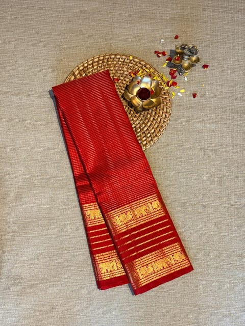 Red Vintage Checks Kanjeevaram Saree