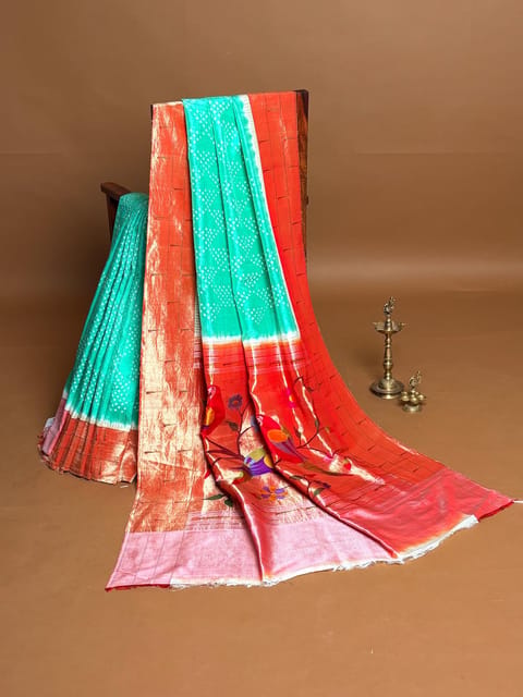 Sea Green Pure Handloom Bandhini Paithani Saree with Triple Muniya Borders