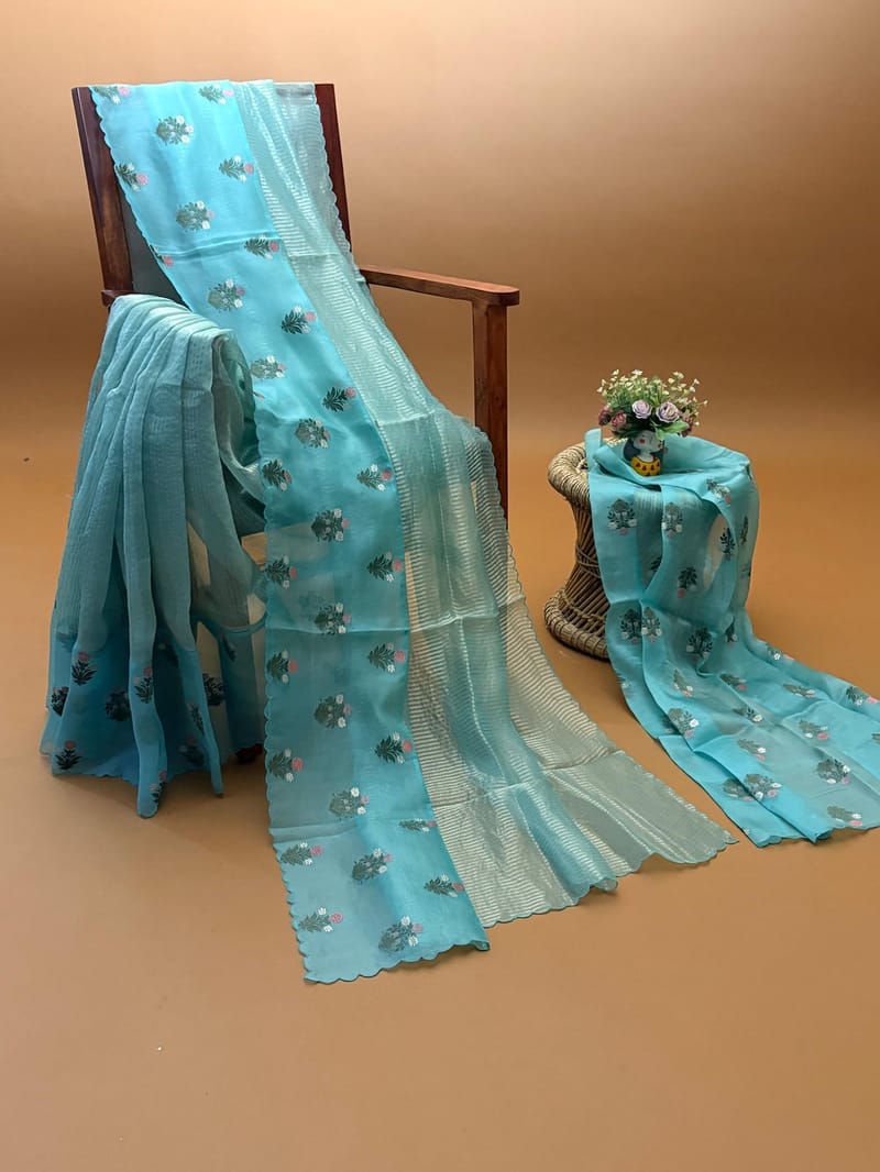 Sea Blue Banarasi Kora tissue stripes saree with embroidery 
