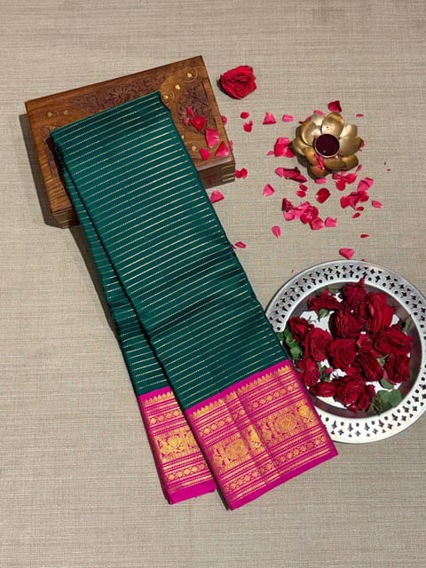 Emerald Green and Rani Pink Combo Vintage Stripes Korvai Kanjeevaram Saree