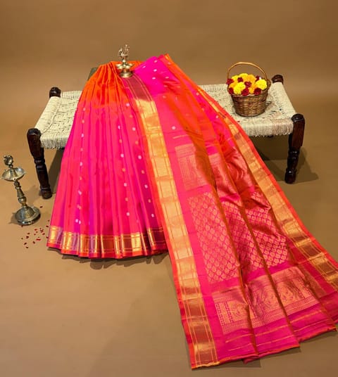 Pink and Orange Dual Tone Pure Handloom Gadwal Kanchi Silk Saree in Monotone Look