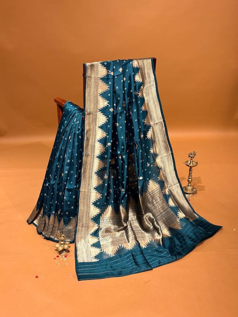 Peacock Green Banarasi Bandhej Puna Silk Saree with Kaduwa Weaving