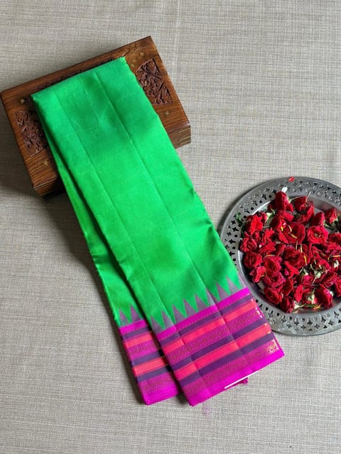Parrot Green & Rani Pink Vaira Oosi Vintage Kanjeevaram Sare with Multicolor Borders