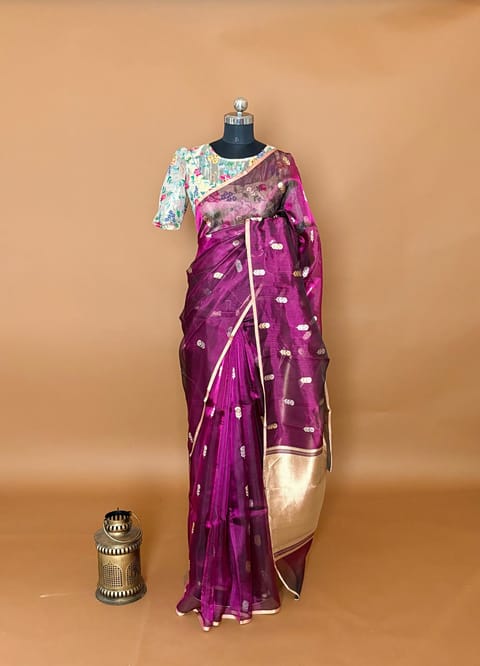 Wine Pure Handloom Banarasi Tissue Saree with Petitepoint Embroidered Fusion Blouse