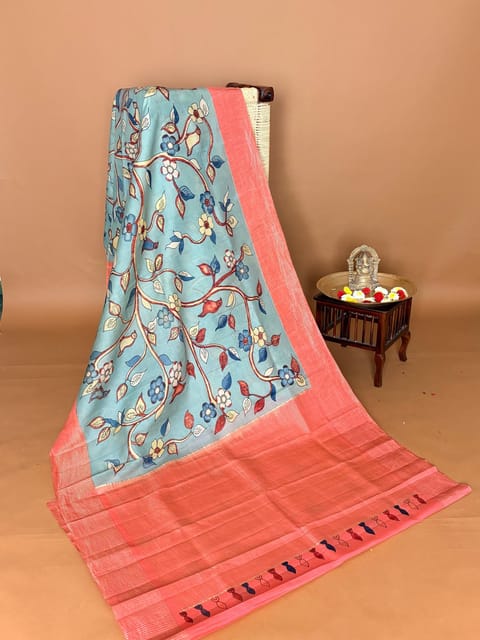 Powder Blue & Coral Pink Combo Hand Drawn and Handpainted Kanjeevaram Kalamkari Saree