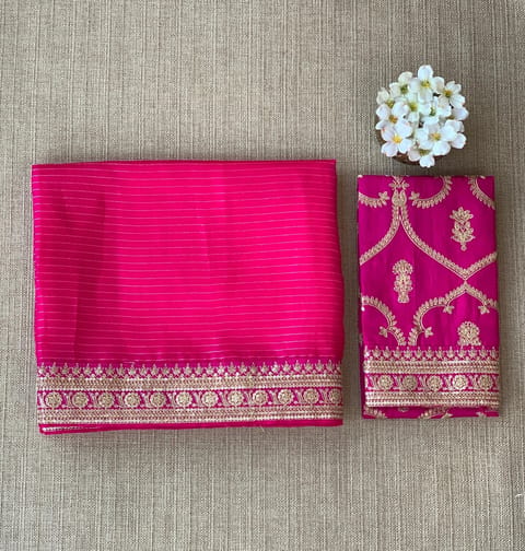 Rani Pink Organza Saree with Statement Borders and Blouse