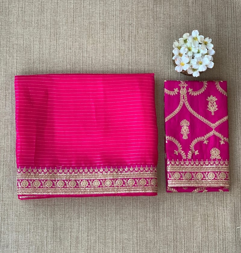 Rani Pink Organza Saree with sabhyasachi borders and blouse